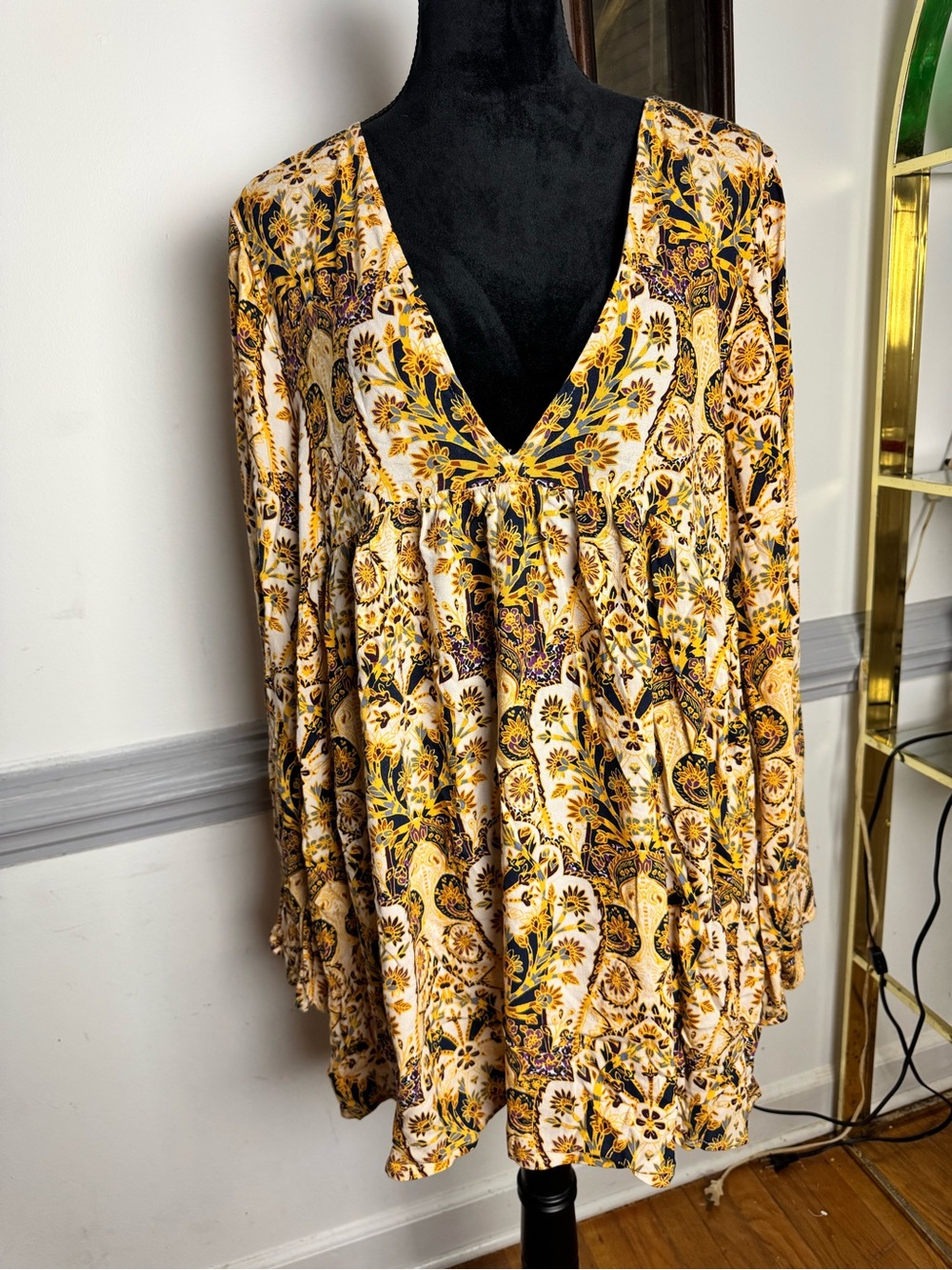 Free People Yellow Floral V-Neck Long Sleeve Dress